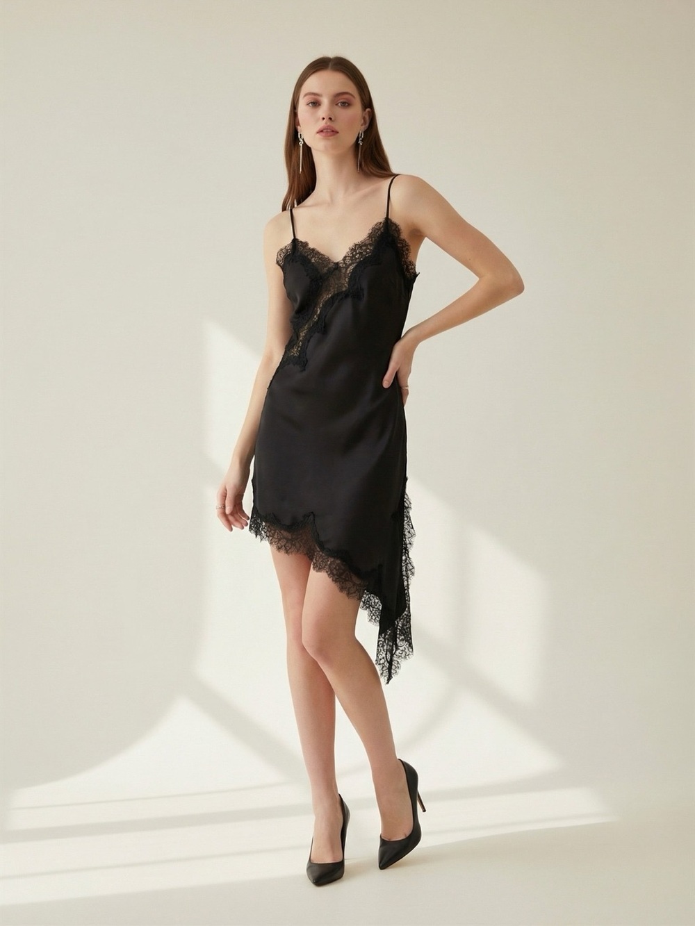 In A New York Minute Asymmetrical Lace Trim Mini Dress - Picture 9 of 14